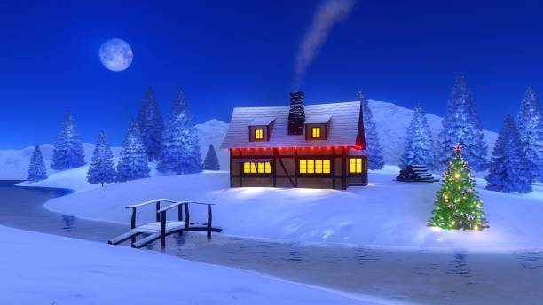 istock Illuminated cabin in mountain at Christmas night 895821132