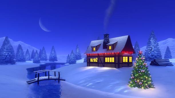 istock Illuminated house in mountain at Christmas night 895821182