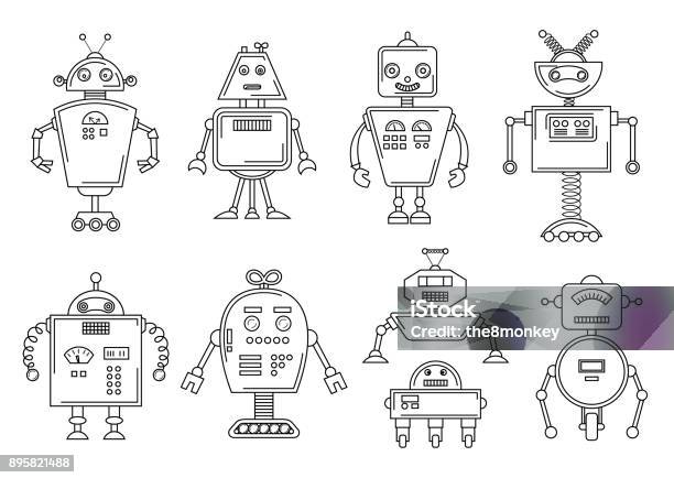 Vector Illustration Of A Robot Mechanical Character Design Set Of Four Different Robots Coloring Book Page Stock Illustration - Download Image Now