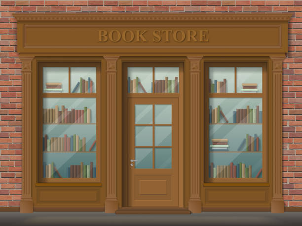 фасад книжного магазина, вид спереди. - sale shelf bookshelf wood stock illustrations