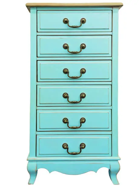 Photo of Vintage wooden turquoise chest of drawers isolated on white background. Chest of 6 six drawers