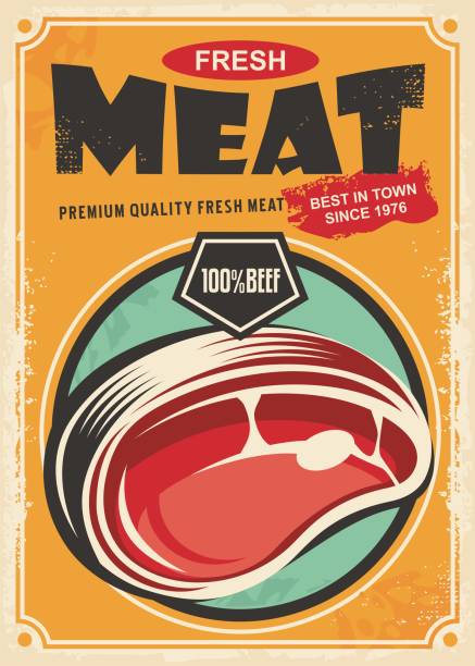 illustrations, cliparts, dessins animés et icônes de affiche rétro promotionnelle de viandes fraîches pour magasin de boucherie. - butcher butchers shop meat store