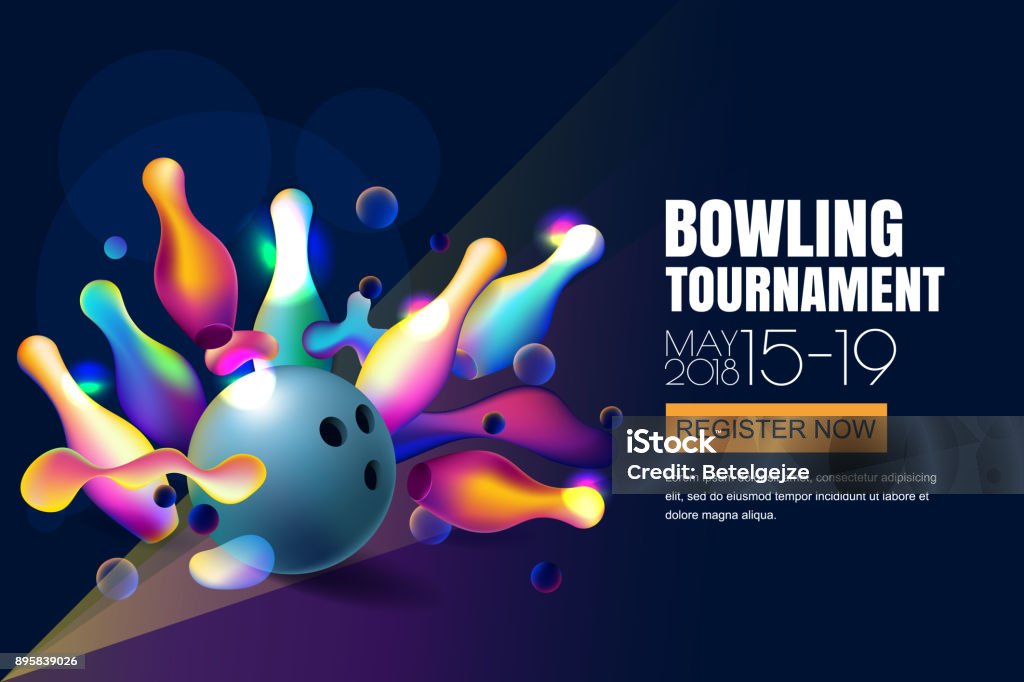 Vector glowing neon bowling tournament banner or poster with multicolor 3d bowling balls and pins. Vector glowing neon bowling tournament banner or poster with multicolor 3d bowling balls and pins. Abstract colorful shapes illustration on black background. Bowling Pin stock vector