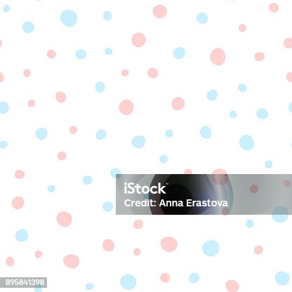 istock Pink and blue round spots on white background. Cute seamless pattern. Irregular polka dots. Drawn by hand. 895841398