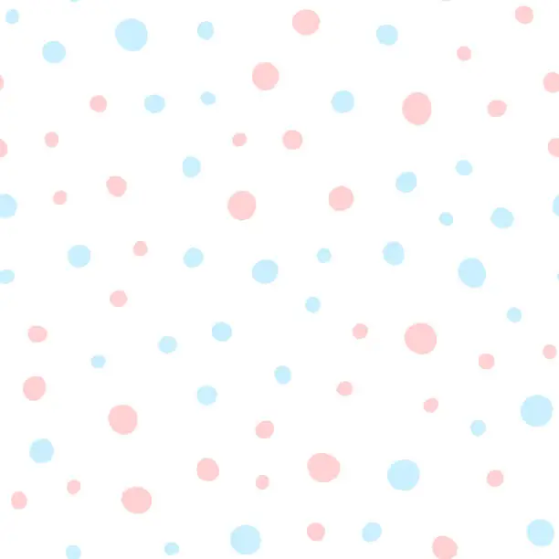 Vector illustration of Pink and blue round spots on white background. Cute seamless pattern. Irregular polka dots. Drawn by hand.