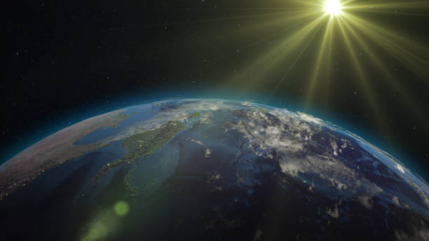 3D rendering planet Earth from space against the background of the starry sky and the Sun 3D rendering Earth from space against the background of the starry sky and the Sun. Shadow and illuminated side of the planet with cities. Through the atmosphere of the planet can be seen the sunrise earth's atmosphere stock pictures, royalty-free photos & images