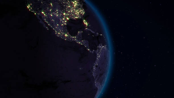 3D rendering planet Earth from space against the background of the star sky 3D rendering Earth from space against the background of the starry sky. Shadow and illuminated side of the planet with cities earth's atmosphere stock pictures, royalty-free photos & images