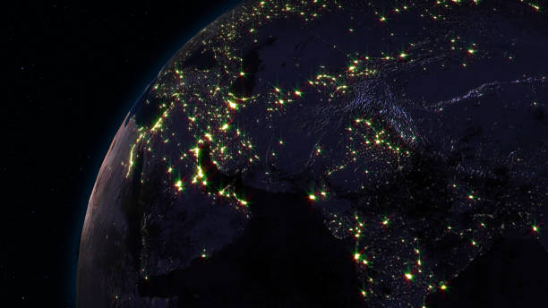 3D rendering planet Earth from space against the background of the star sky 3D rendering Earth from space against the background of the starry sky. Shadow and illuminated side of the planet with cities earth's atmosphere stock pictures, royalty-free photos & images