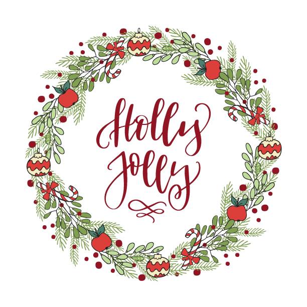 ilustrações de stock, clip art, desenhos animados e ícones de hand drawn winter holiday wreath with christmas handwriting lettering holly jolly inside - tree single word green fruit