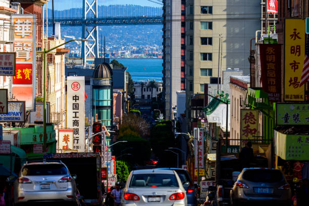 San Francisco, California,USA - November 27, 2017 : Street shot of busy china town in San Francisco, California. San Francisco has the biggest china town inn west coast.also it is major tourist attraction in San Francisco.