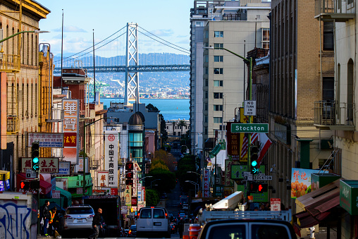 San Francisco, California,USA - November 27, 2017 : Street shot of busy china town in San Francisco, California. San Francisco has the biggest china town inn west coast.also it is major tourist attraction in San Francisco.