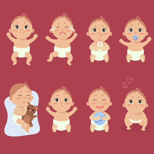 симпатичный маленький ребенок в подгузнике с различными эмоциями - crying grimacing facial expression human face stock illustrations
