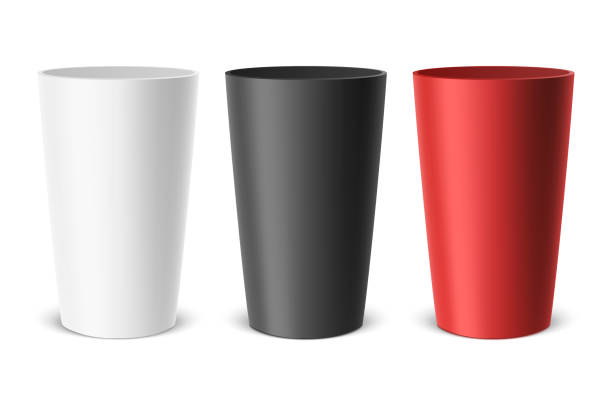 Vector realistic empty plastic cup. Example for office supplies, drinks, icon set. Closeup isolated on white background. Design template, clipart or mockup for graphics - web, app. Front view Vector realistic empty clear plastic cup. Example for office supplies, drinks, icon set - white, black, red. Closeup isolated on white background. Design template, clipart or mockup for graphics - web, app. Front view. disposable cup stock illustrations
