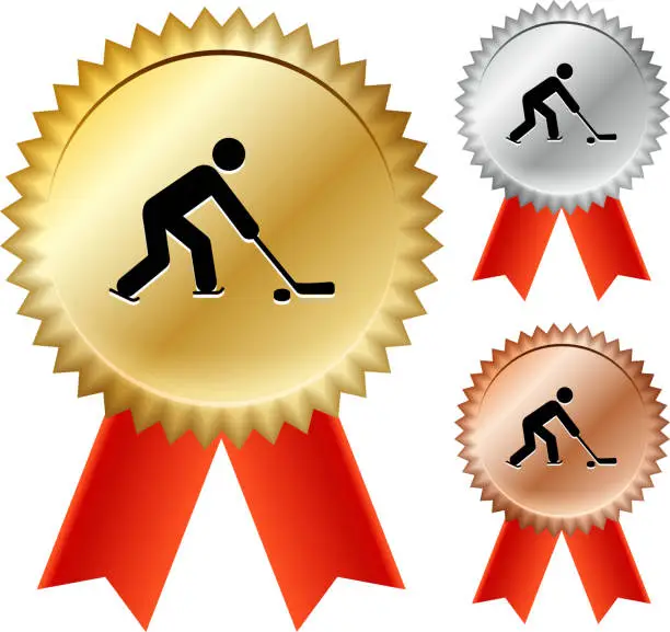 Vector illustration of Stick Figure Playing Hockey Gold Medal Prize Ribbons