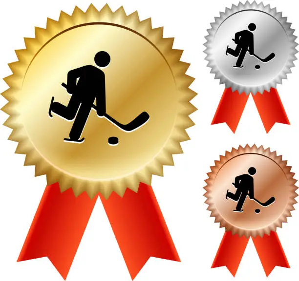 Vector illustration of Stick Figure Playing Hockey Gold Medal Prize Ribbons