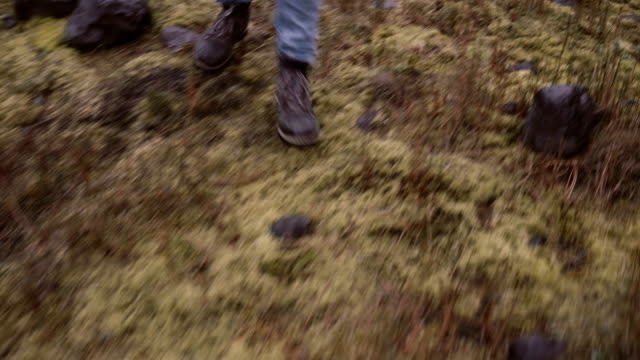 Close-up view of female foot in boots. Young woman walking through the bogs with moss, exploring the nature alone
