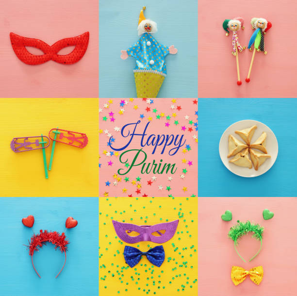 istock Collage of Purim celebration concept (jewish carnival holiday). Top view. 895874734