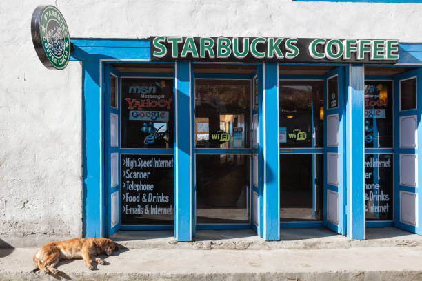 Starbucks coffee in remote village of Lukla, on the way to Everest base camp. Lukla/Nepal - October 18, 2015: Starbucks coffee in remote village of Lukla, on the way to Everest base camp.. Dog sleeping near the Starbucks coffee shop entrance. funny camping signs pictures stock pictures, royalty-free photos & images