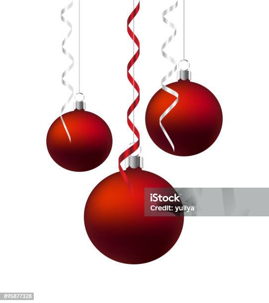 Christmas Ornament Balls Hanging Ribbon Silver And Red Stock Illustration - Download Image Now