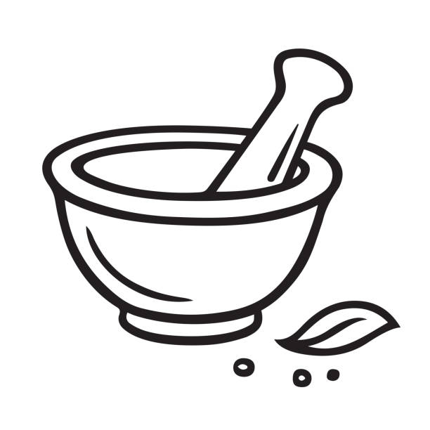 막자와 막자사발  - alternative medicine mortar and pestle herbal medicine herb stock illustrations