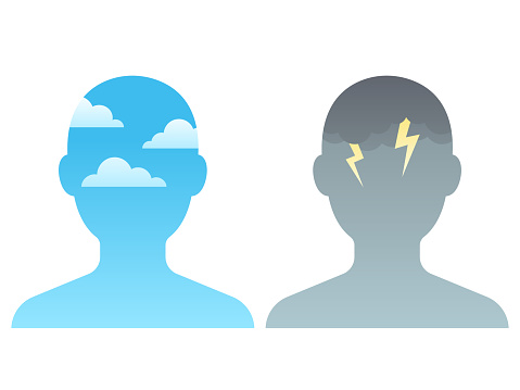 Head silhouette with blue sky and dark storm clouds. Mindfulness and stress management concept, vector illustration.