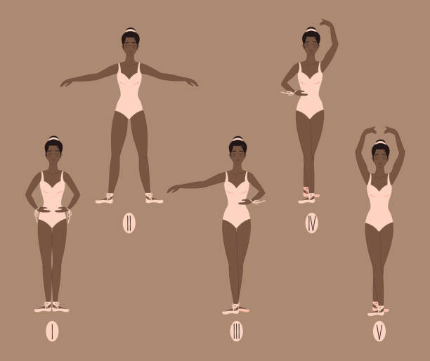 Young dancer shows the five basic ballet and dance positions, with correct placement of arms, legs and feet Young african american woman dancer in points shows the five basic ballet positions, demonstrating the correct placement of arms, legs and feet. Female in pink leotard bodysuit performs dance movements ballet dancing stock illustrations