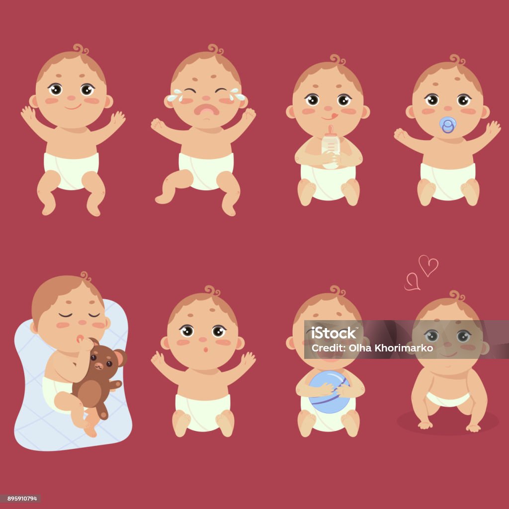 Cute little baby in diaper with different emotions Set with cute little baby in diaper with different emotions. Various face expressions. Happy child, baby cry, hold teddy beart, sleeping child, sad boy, crying boy, screaming baby. Colorful vector. Baby - Human Age stock vector