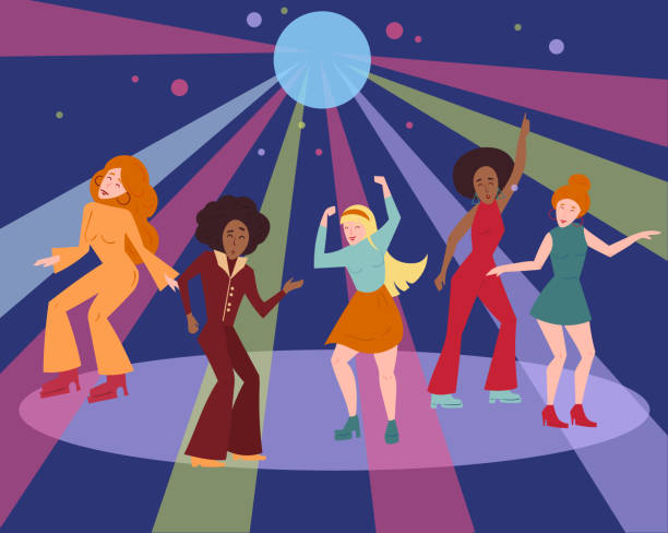 Multi ethnic group in 1960 1970 cloth dance disco Young people in 1960 1970s style clothes dancing disco. Cartoon style multi ethnic group is moving on dance floor in colour rays from mirror ball. Men and women in retro cloth. Flat vector illustration 60s style dresses stock illustrations