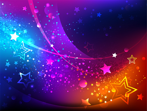 Bright, abstract, iridescent background with luminous stars. Northern Lights. Design with stars.