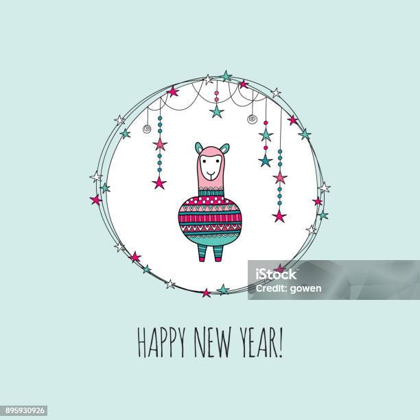 Happy New Year Alpaca Vector Illustration Stock Illustration - Download Image Now - 2018, 2019, 2020