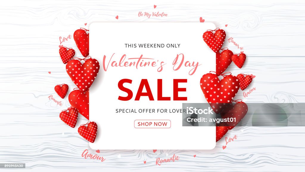 Promo Web Banner for Valentine's Day Sale Beautiful Background with Realistic Red Fabric Hearts and Confetti on Wooden Texture. Vector Illustration with Seasonal Offer. Valentine's Day - Holiday stock vector