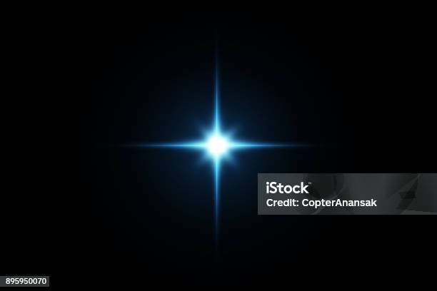 Digital Lens Flare Sun Burst On Black Background Stock Photo - Download Image Now - Lens Flare, Black Background, Blue