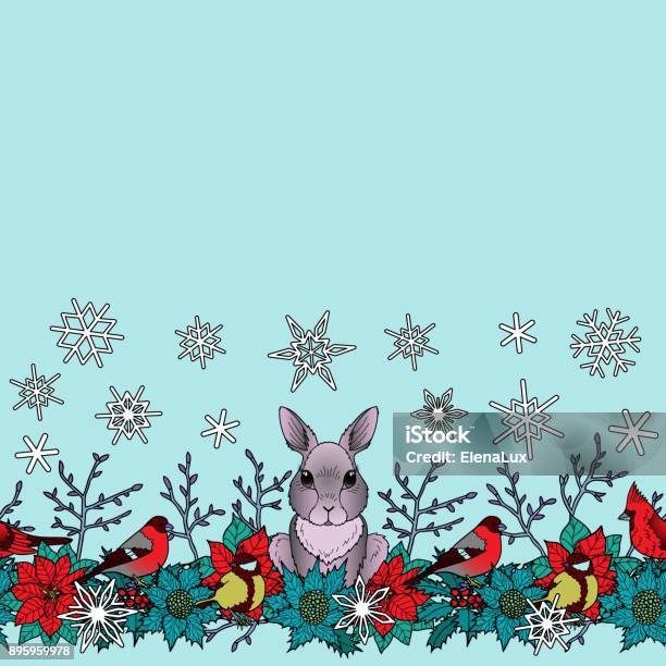 Rabbit And Birds Winter Seamless Border Stock Illustration - Download Image  Now - Bird, Frame - Border, Snowflake Shape - iStock