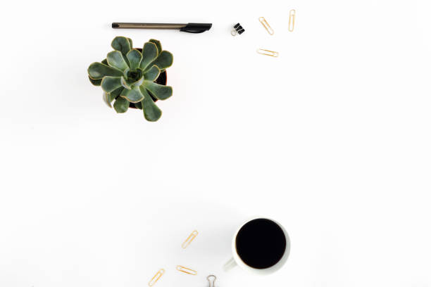 istock Workspace pattern with cup of coffee, succulent, pen and golden clips on white background. flat lay, top view 895972550
