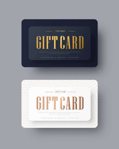 Vector black and white gift card design with gold text and dots on background. Vector black and white gift card design with gold text and dots on background. Voucher template for premium business. black and white photo christmas cards stock illustrations