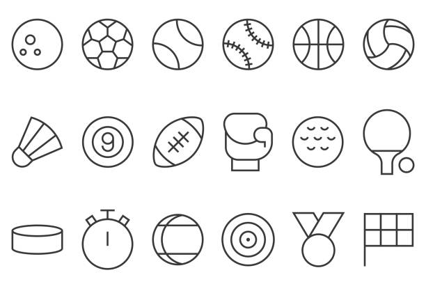 zestaw ikon sportowych, takich jak piłka nożna, koszykówka, badminton, kręgle, boks, flaga, stoper, cienka linia - tennis ball american football football stock illustrations