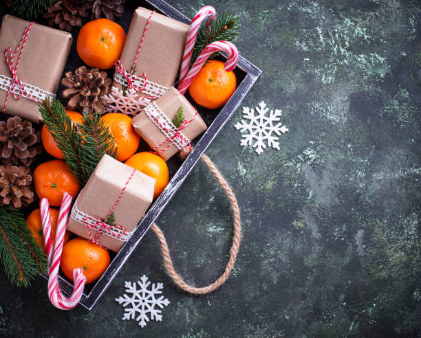 istock Christmas or New Year composition with tangerines 896008528