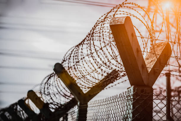 istock Closeup a security fence with barbed wire. Human Rights and social justice abstract concept. 896013522