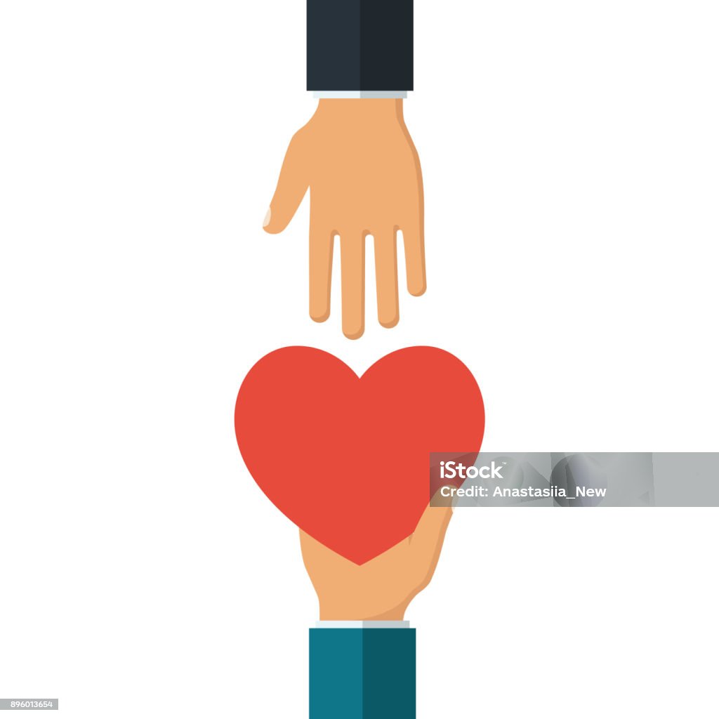 Give heart. Vector Give heart. Vector illustration flat design. Holding red heart in hands. Isolated on white background. Symbol of charity, love, sincerity. Heart Shape stock vector