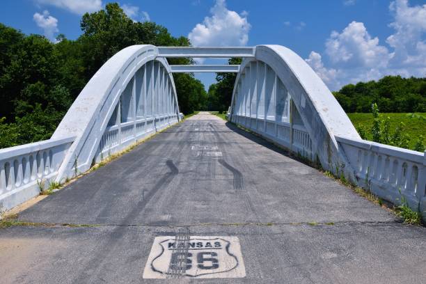 Route 66 sign. Close up of this Rainbow Curve Bridge Constructed in 1923 that is the only remaining Marsh Arch Bridge on Route 66. Route 66 signs are painted on the pavement. route 66 sign old road stock pictures, royalty-free photos & images