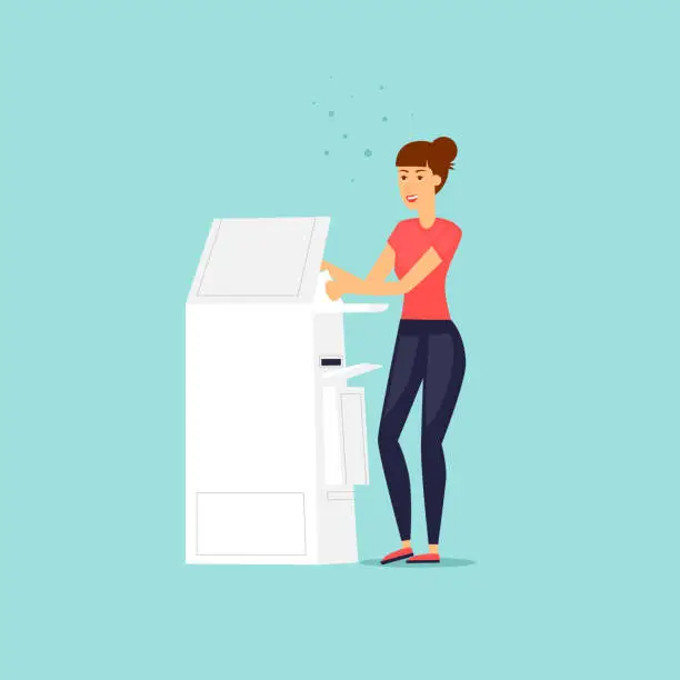 Vector illustration of Girl with a printer scanner. Flat design vector illustration.