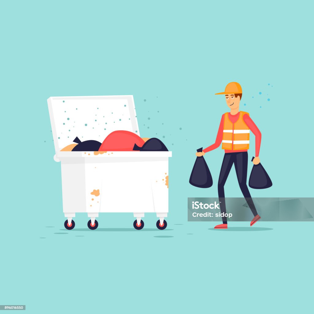 Garbage man throws garbage into the trash can. Flat design vector illustration. Adult stock vector