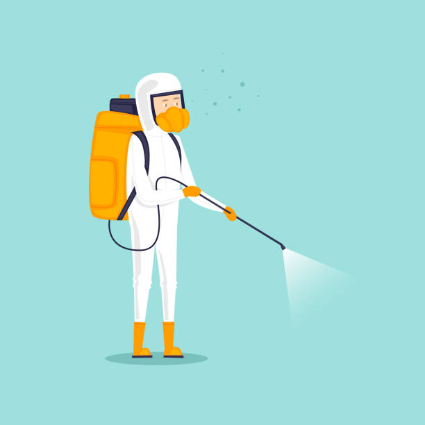 Chemical treatment insects. Man in uniform with face mask spray pesticides. Flat design vector illustration. Chemical treatment insects. Man in uniform with face mask spray pesticides. Flat design vector illustration. insecticide stock illustrations