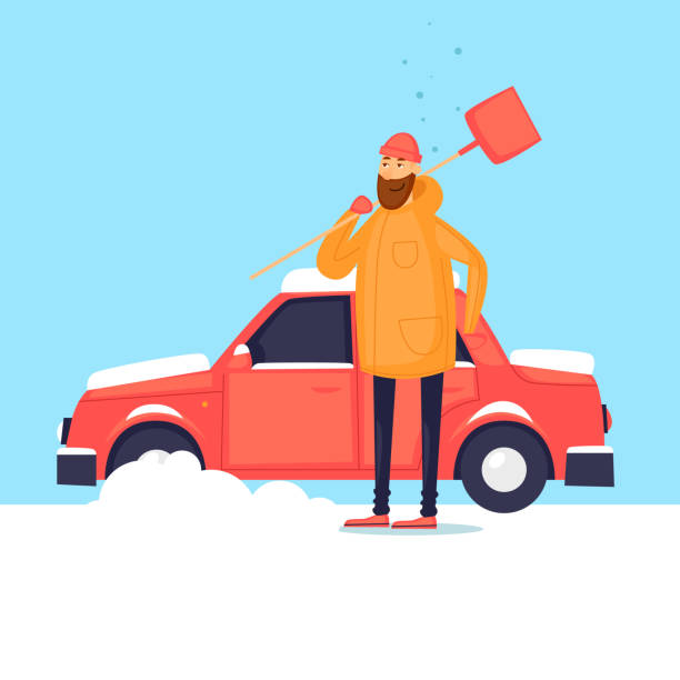 ilustrações, clipart, desenhos animados e ícones de homem limpa no carro de neve. inverno. ilustração em vetor design plano. - driveway