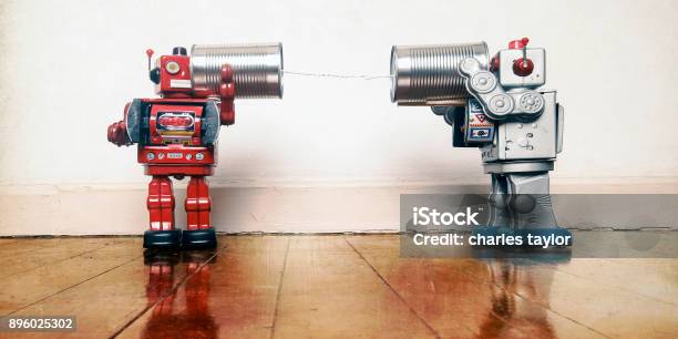 Tin Can Phone Robots Stock Photo - Download Image Now - Robot