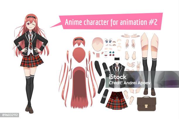 Anime Manga Schoolgirl In A Red Tartan Skirt Stockings And Schoolbag Cartoon Character In The Japanese Style Stock Illustration - Download Image Now