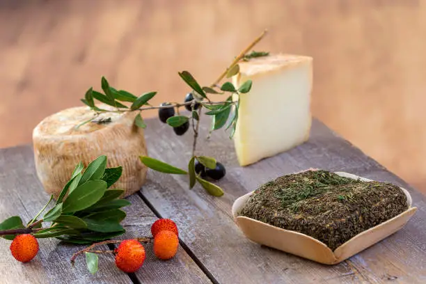 Corsican traditional varity of goat cheese with arbitus bay on a wooden background