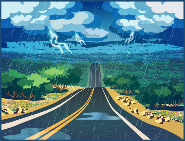 ilustrações de stock, clip art, desenhos animados e ícones de thunderstorm in the valley - valley storm thunderstorm mountain