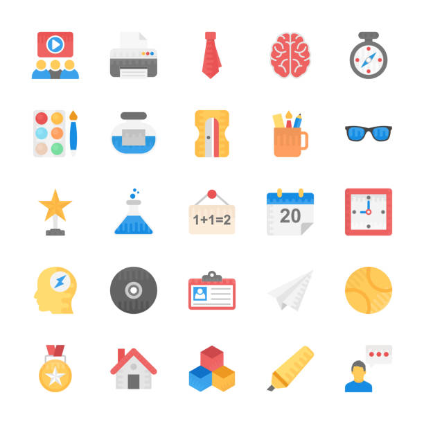 Icons Set Of Education, School, Students and Study In Flat Design This wonderful, compact and creative flat vector icons set has been designed to demonstrate each element that an educational center or a project holds. This pack is a perfect flat vector icons set for related industry projects brain jar stock illustrations