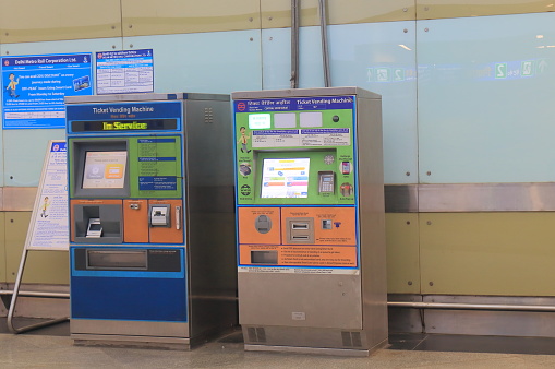New Delhi India - October 29, 2017: New Delhi subway ticket vending machine at New Delhi metro station in New Delhi India